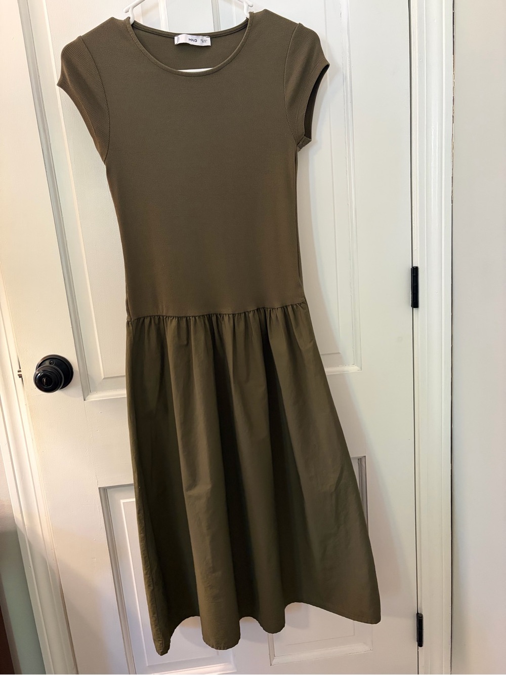 MANGO Olive Green Combined Fabric Flared Drop-Waist Midi Dress Size 4